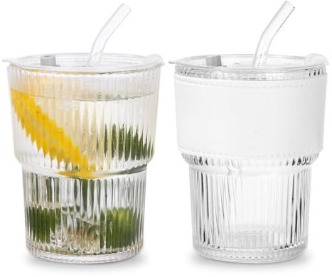 Zhufas 2 Pezzi Bicchiere con Cannuccia e Coperchio, Bicchieri a Righe da 450 ml con Manicotti Tazze, Design a Tenuta Stagna, Bicchieri Frullato in Vetro Trasparente Cocktail Bicchieri da Caffè Freddo