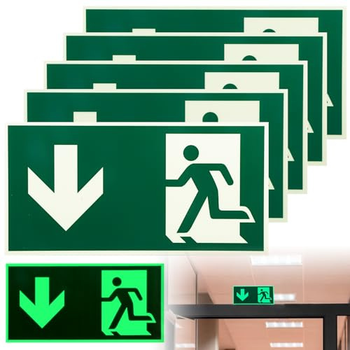 PRITOK 5 Stück Aluminium Schild Notausgang: 300x150mm Notausgangsschild Nachleuchtend Fluchtwegschilder Pfeil Unten, Selbstklebend Fluchtwegschild Rettungsweg Sicherheitsmarkierung Notausgang
