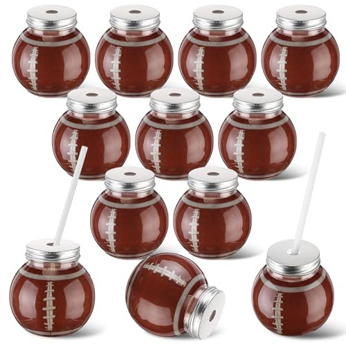 Baderke 12 Pack 10oz Plastic Sport Ball cups with Straws and Lids Plastic Fish Bowls for Drinks Sport Theme Ornaments Cups Sport Ball Party Bottle Bulk for Drink Birthday Party Supplies(Football)