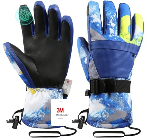 Pnosnesy Guanti da sci impermeabili touchscreen per sci e snowboard, unisex per uomo donna bambino con fascia al polso