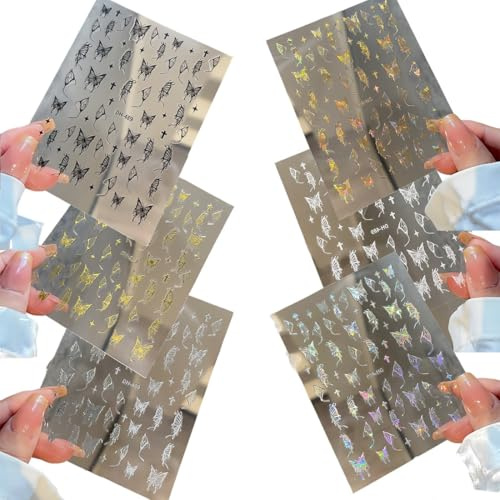 CATOR 6 PCS Pegatinas Uñas Mariposa, Nail Art Stickers, Decorativas Etiquetas Adhesivos para Decoraciones de Uñas