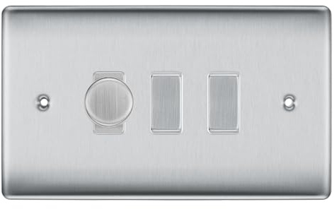 BG Brushed Steel 3 Gang Switch 1x Trailing Edge LED Dimmer 2x 2 Way Custom Grid
