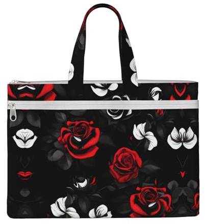 SDEGTHO Black White And Red Roses Zippered Document Bag With Handle For Carrying Paper Files Books Filing Folder
