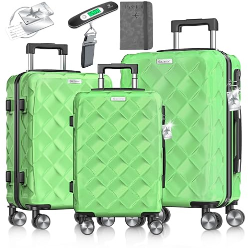 KESSER® Reisekoffer Set 3-teilig | Kofferset ABS Hartschalenkoffer mit Zahlenschloss, Kofferwaage & Reisebrieftasche 360° Rollen | Handgepäck & große Koffer für Business & Reise Trolley Apple Green