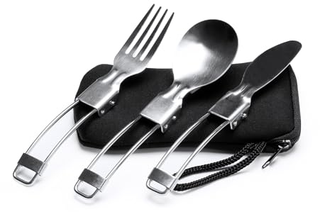 Ensemble de couverts pliables en acier inoxydable avec étui pratique en néoprène. Set de couverts portables pour camping, voyage, aventure, plage