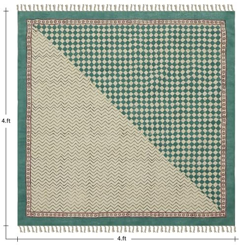 CASAVANI Handblockbedruckter Baumwollteppich, 27,9 cm, quadratisch, Kelim-Teppich, Stein, leicht waschbar, dick, 0,5 cm, Handwäsche, Flachgewebe, Grün und Beige, geometrisches Design, für drinnen und