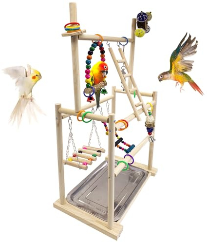 Hamiledyi Natural Wood Bird Playground - Large 3-Tier Perch Stand with Exercise Platforms Durable Activity Gym for Parrots, Cockatiels and Small Birds Bird Stand with Ladders and Swings