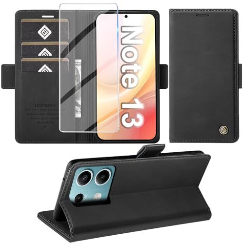 Giyer Cover per Xiaomi Redmi Note 13 Custodia con Vetro Temperato, Premium Pelle PU Portafoglio Slot per Scheda RFID Antifurto Funzione Supporto Flip Case, Antiurto per Redmi Note 13 5G Cover (Nero)