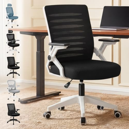 ELFORDSON Ergonomic Office Chair, Mid-back Swivel Desk Chairs for Home Office, Height Adjustable Mesh Computer Chair with 90° Flip-up Armrest and Padded Seat Cushion, Black & White