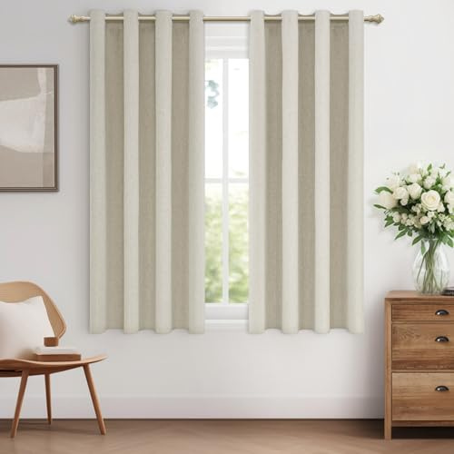 MRTREES Rideau 100% Occultant Court Thermique Isolant Anti Froid et Chaleur, Rideaux Courts Opaque en Lin à Oeillets pour Fenetre Cuisine Chambre Salon, 140x145 CM, 2 Pièces, Naturelle