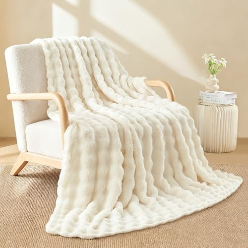 Melldrry Couverture, 200 X 230 cm Plaid Fausse Fourrure, Doux et Pelucheux Plaid Canape Grande Taille pour Canapé et lit Chambre à Coucher Bureau Blanc Cassé