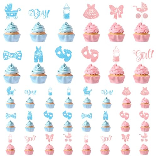 ZYLOUY 36 Kuchenkarten Blau Rosa für Enthüllungsparty Gender Reveal Deko Cupcake Party Deko für Disco und 80er Jahre Party Zubehör Tortenstecker für Taufe