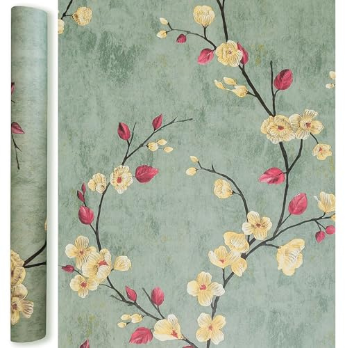 Qenlup Thick Floral Wallpaper Self Adhesive Blossom Wall Covering Flower Vinyl Vintage Green Contact Paper for Home Office Wall Furniture Renovation, 45x300cm