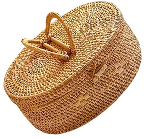 Cabilock Cestino Portaoggetti in Rattan Ovale con Coperchio e Manico Contenitore Porta Snack da Picnic Resistente alle Intemperie Organizer Portatile per Esterni e Uso Domestico