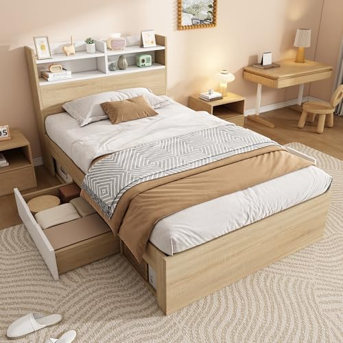 Holzbett Einzelbett 90x200, Kopfteil mit zwei Ablageflachen, 2 Schubladen und offenen Fächern unter dem Bett, teilweise Massivholz, zweifarbiges Stauraumbett mit Lattenrost (Weiß + Eiche, 90cm*200cm)
