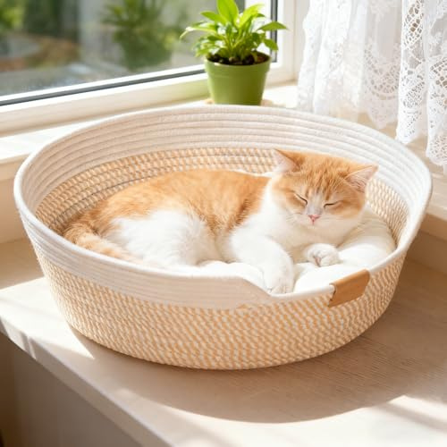 Katzenbett mit Kissen, Rattan Katzenkorb aus Baumwollseilen Rund 50cm
