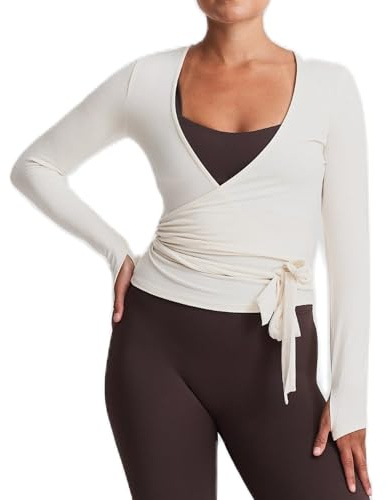 RUINIXCW Women Wrap Tie Top Long Sleeve Deep V Neck Cross Tie Workout Ballet Pilates Yoga Shirt Y2k Fairy Coquette T-Shirts (White, M)