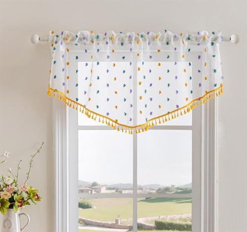 Yaland Jacquard Querbehang Transparente Triangle Scheibengardine mit bunten Pompons, Dreieck-Vorhang mit Quastenrand 1 Stück Gelb HxB 60x140cm