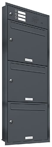 AL Briefkastensysteme, 3er Unterputzbriefkasten mit Klingel in Anthrazit Grau RAL 7016, 3 Fach wetterfeste Briefkastenanlage Design modern