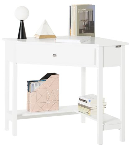 SoBuy Ecktisch 76x76 cm für Arbeitszimmer | Schreibtisch mit Ablage & Schublade, platzsparend, stabil, weiß FWT31-W