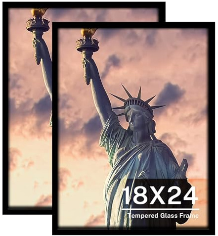 ONE WALL Tempered Glass 18x24 Poster Frame, Black Wood Photo Picture Frame Set of 2 for Wall Vertically or Horizontally Display - Mounting Hardware Included