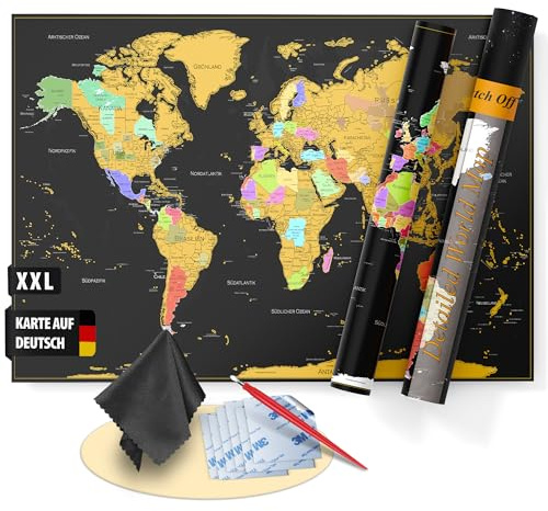 FlYHIGH XXL Weltkarte zum Rubbeln auf Deutsch I 80x57cm I Poster zum aufkratzern I Scratch off Map I Landkarte zum Rubbeln I Karte zum Freirubbeln I Rubbelweltkarte I Welt-Karte zum Freikratzen