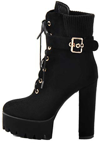 Only maker Schnürstiefeletten Damen Plateau Stiefel Kurzschaft mit Metall Schnalle Veloursleder Schwarz 43 EU