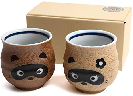 MINO WARE JAPAN Mino Yaki Waschbär-Teetasse (2er-Set), 295 ml, Sushi-Yunomi-Sake-Becher, hergestellt in Japan