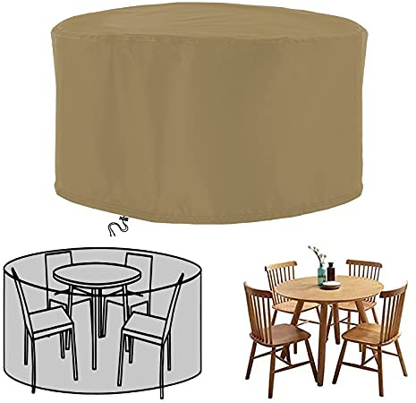 XDMYGTT Housse de Protection pour Meubles de Jardin Ronde,170x70cm Housse de Protection en Tissu Oxford 420D Robuste pour Groupe de Table de Jardin, Meubles de Jardin à Housse Ronde-Beige
