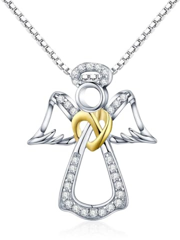 RUKYF 925 Sterling Silver Cubic Zirconia Guardian Angel Pendant Necklace for Women two tone Jewelry Unique Gifts for Women