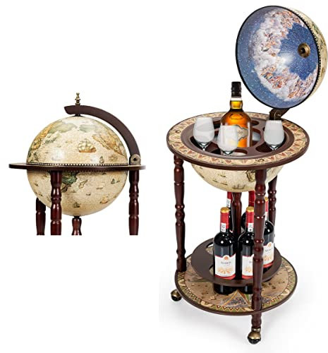 RELAX4LIFE Globusbar mit Rollen, Minibar Massivholz, Weinregal Flaschenregal mit Bodenplatte, Barwagen Weltkugel, Hausbar, Globus Bar, Weinschrank, Tisch Bar, Cocktailbar (Beige, Ø45 x 88 cm)