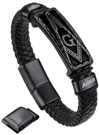 Bandmax Lederarmband Herren Mjölnir/Totenkopf/Freimaurerei Personalisiert Armbänder Männer Manschette Armband mit Magnetverschluss Wickelarmband Wikinger Armschmuck für Vater Ehemann