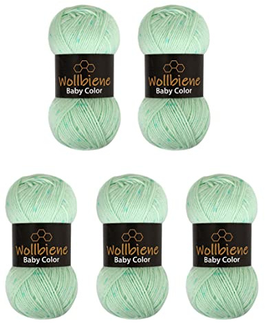 Wollbiene Happy Baby Color Multicolor Wolle 5x100g Strickwolle 500 Gramm Wolle zum Stricken und Häkeln Babywolle Tweed Punkte (12 grün türkis)
