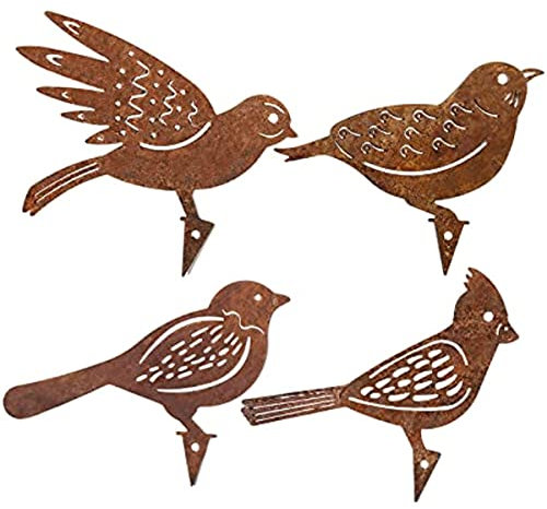 Tuzsocr 4 Rusty Birds Patina Garden Stake Rust Decorative Garden Decoration Metal Bird for Wood Garden Decoration