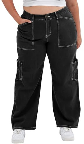 Eytino Plus Size Pants for Women High Waisted Stretch Work Pants Wide Leg Baggy Cargo Pants with 5 Pockets,4X Black