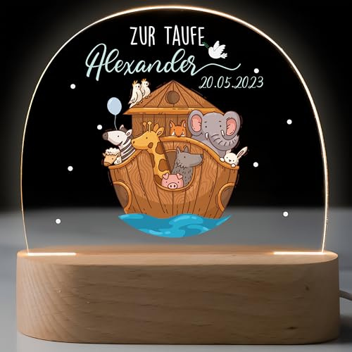 Kidsmood – Personalisiertes Taufgeschenk für Mädchen & Jungen - Nachtlicht mit Arche Noah Design, Namen & Datum - Liebevolle Nachtlampe als Erinnerung zur Taufe