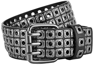 NALANY Nietengürtel Mit 3-Lochnieten, ösen Und Dornschließe Für Damen Und Herren Metall Punk Rock Glitzer Rivet Hohle Ledergürtel,40mm Breit(110cm/43, Silver)