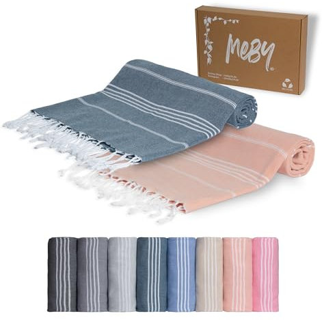 MEBY 2er Set XXL-Saunatücher (100x200 cm). Strandtuch, Badetuch, Türkisches Hamamtuch, Handtuch. 100% Baumwolle (Lachs & Petrolblau)