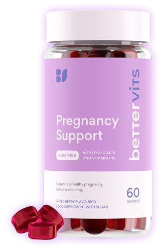 Bettervits Pregnancy Support Gummies | Pregnancy Vitamins for Women with Folic Acid & Vitamin B12 | Complete Multivitamins Complex C, D, E & Zinc | Pre and After Support - 60 Berry Gummies