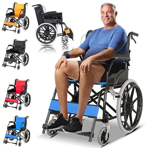 Rollstuhl faltbar leicht, Belastbarkeit 150 kg, Leicht Faltbar Rollstuhl mit Trommelbremse, Leichtgewicht Schmal Rollstühle mit Selbstantrieb, Reiserollstuhl, Sitzbreite 44.5 cm,Blau