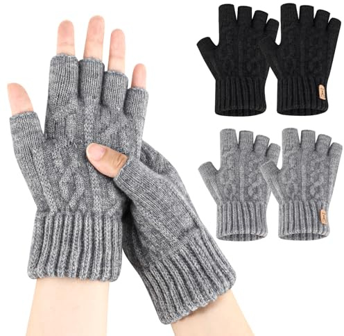 GSrenyu 2 Pair Winter Fingerless Gloves, Warm Soft Knitted Thermal Gloves for Men Women Working Driving Running Biking Typing