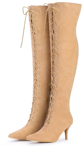 Allegra K Botas altas de tacón de aguja con cordones para mujer, Khaki, 40 EU