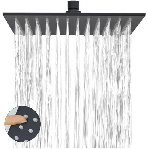 Delnet 10-Inch(25.4CM) Fixed Rain Shower Head, with Angle Adjustment, High-Pressure Square Rainfall Shower, 304 Stainless Steel Replacement Shower Head, Matte Black