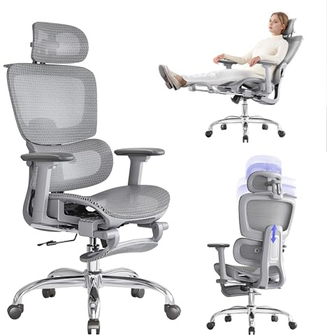 LarkLeaves Ergonomisk Kontorsstol med Fotstöd och 2D Svankstöd, Skrivbordsstol i Mesh med 3D Nackstöd och Klädhängare, 145° Lutning för Hemmakontor, Grå