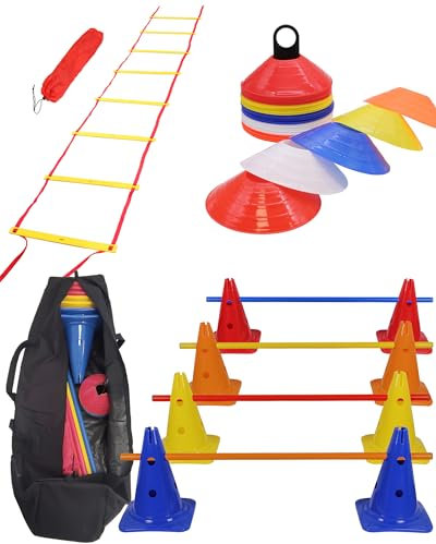 SPORTIKEL24 Koordinations-​Set mit Koordinationleiter, Markiertellern, Sprunghürden & Tasche – für Parcours, Bewegung & Koordination – Schule, Sport & Hundetraining