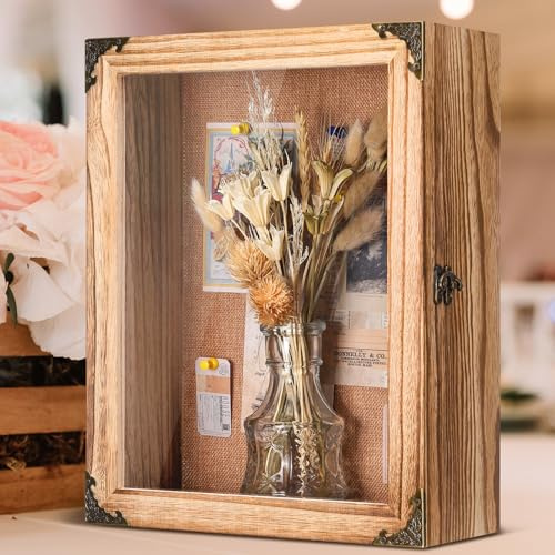 Cinnvoice Shadow Box Depth 4.7in Shadow Boxes Display Cases with Cork Board Backing Rustic Burnt Wood Box for Flowers Bouquet Wedding Picture Photo and Keepsake(Rustic Brown,11x14 Inch)