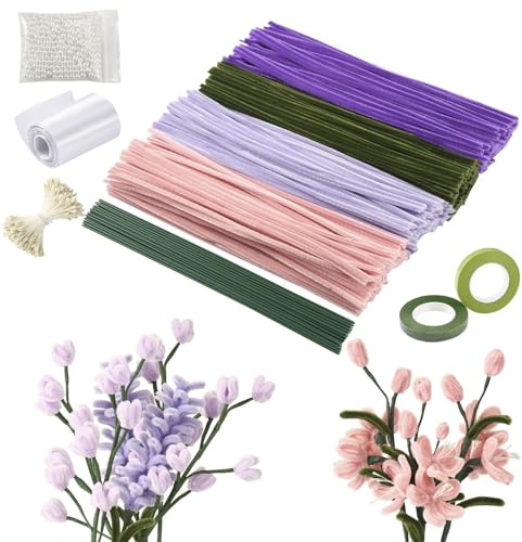 ToKinCen 400 Stück Pfeifenreiniger Blumenstrauß Set, Pfeifenputzer zum Basteln 4 Farben Pipe Cleaner mit 25 Stück Grünem Bastelfaden, Geeignet als Weihnachten, Valentinstag, Geschenk zum Muttertag