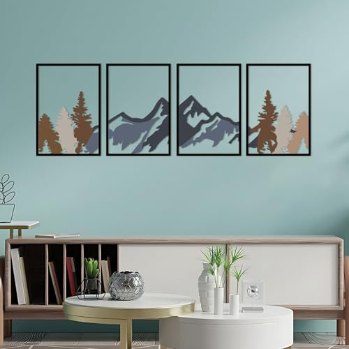 ESTART 4 PCS Metall Berg Wandkunst, große Berge Wanddekoration | Bergwald dekorative Malerei geeignet für Wohnzimmer Schlafzimmer Büro innen und außen(127x40 cm, Bergwald - Bunt)