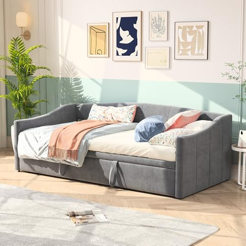 FOERPL Bäddsoffa med bäddsoffa, bäddsoffa, 90 x 200 cm, 3-sits, Meridian-sammet, utdragbar sängram med ribbotten (utan madrasser)