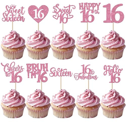 30 Pack Happy Sweet 16th Birthday Cupcake Toppers Sixteen Bruh I'm 16 Happy 16th Cupcake Picks Cheers to 16 Sweet 16 Decorations for 16th Birthday Anniversary Party Cake Decorations Pink